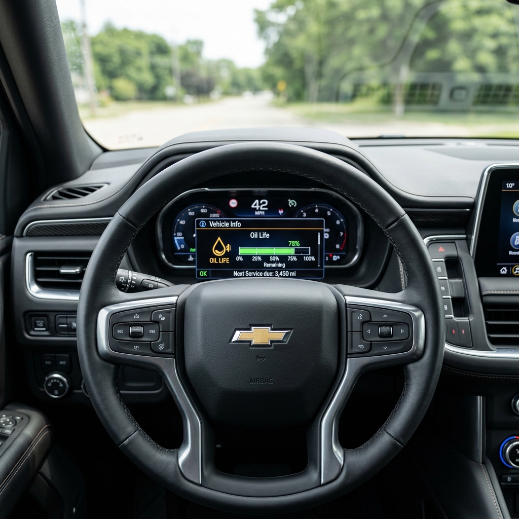 Driver-side view of a Chevrolet dashboard showing a 78% oil life status on the digital display screen. (Representative image for illustration purposes only. Actual vehicle may vary based on trim and configuration.)