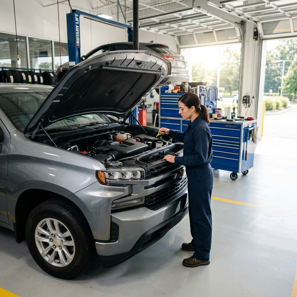 A female mechanic checking the oil dipstick of a silver pickup truck in an auto repair shop garage. (Representative image for illustration purposes only. Actual vehicle may vary based on trim and configuration.)