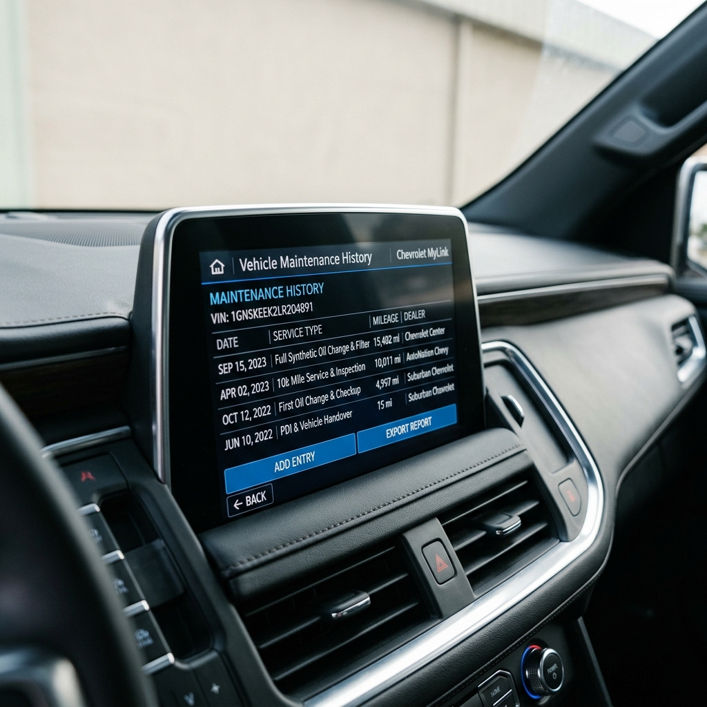 Chevrolet MyLink infotainment touchscreen inside a car displaying a digital vehicle maintenance history log. (Representative image for illustration purposes only. Actual vehicle may vary based on trim and configuration.)