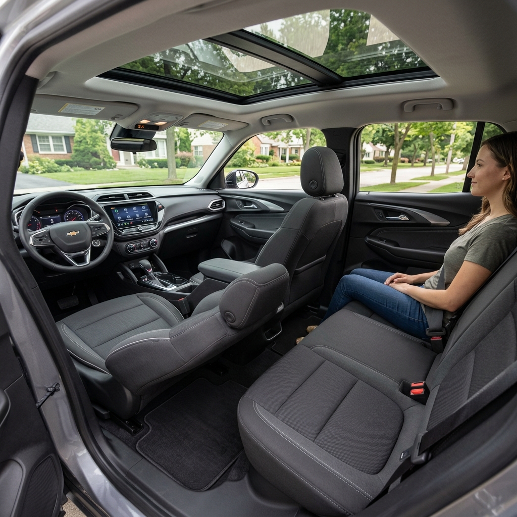 Interior of a Chevrolet crossover showing spacious rear seating, a panoramic sunroof, and a woman sitting in back. (Representative image for illustration purposes only. Actual vehicle may vary based on trim and configuration.)