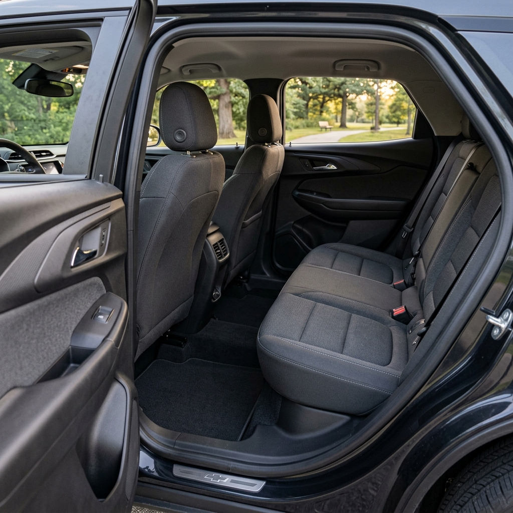 Interior view of the rear seating area in a Chevrolet SUV with open doors showing dark cloth upholstery. (Representative image for illustration purposes only. Actual vehicle may vary based on trim and configuration.)