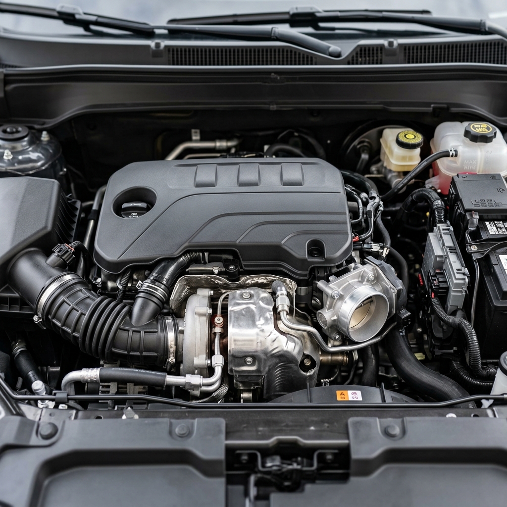 Clean modern car engine bay with black engine cover, visible turbocharger heat shield, and intake hoses. (Representative image for illustration purposes only. Actual vehicle may vary based on trim and configuration.)
