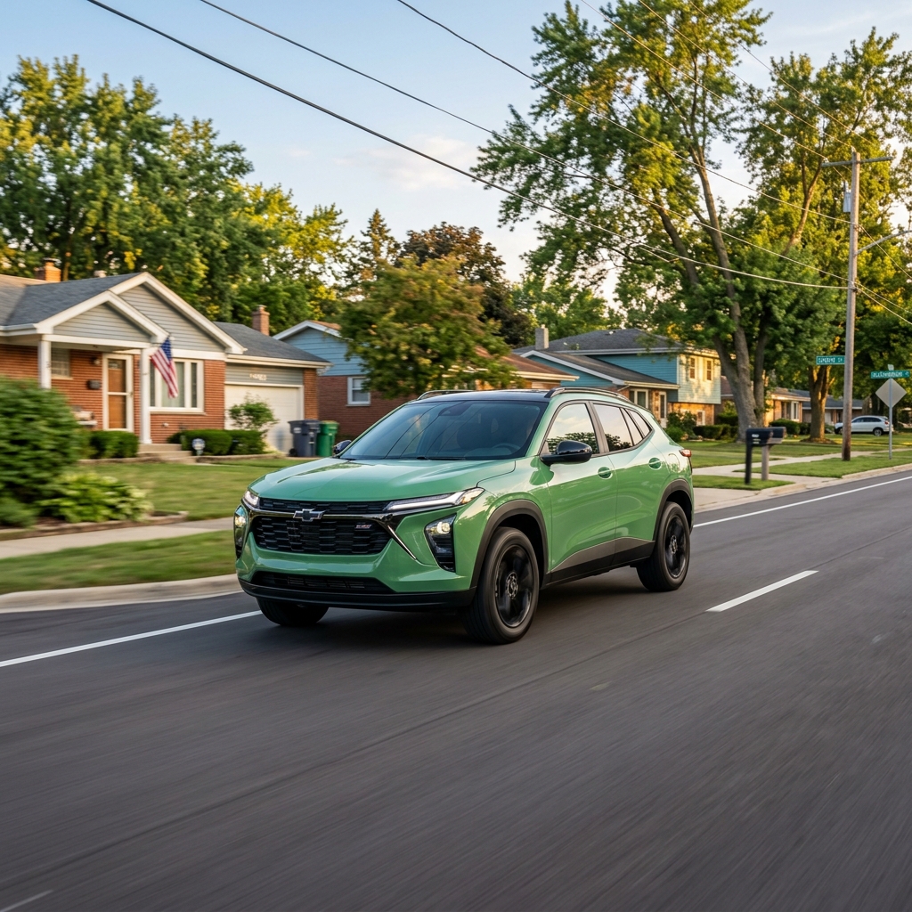 Green Chevrolet Trax compact SUV driving on a paved suburban road past residential houses and trees. (Representative image for illustration purposes only. Actual vehicle may vary based on trim and configuration.)