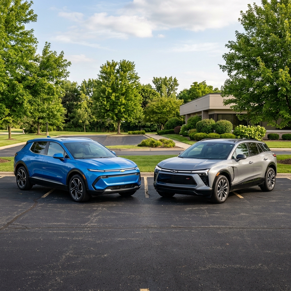 A blue Chevrolet Equinox EV and a silver Chevrolet Blazer EV parked side-by-side in a paved lot. (Representative image for illustration purposes only. Actual vehicle may vary based on trim and configuration.)