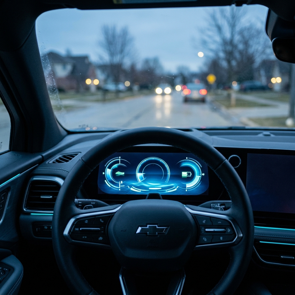 Driver's perspective inside a Chevrolet electric vehicle displaying a digital blue dashboard on a suburban street at dusk. (Representative image for illustration purposes only. Actual vehicle may vary based on trim and configuration.)
