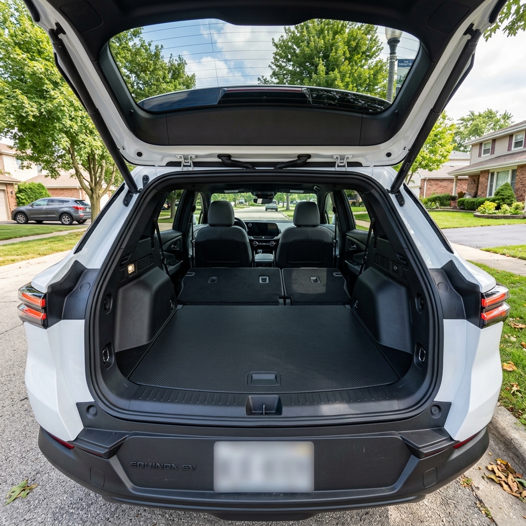 Open trunk of a white Chevrolet Equinox EV showing folded rear seats and large cargo space on a suburban street. (Representative image for illustration purposes only. Actual vehicle may vary based on trim and configuration.)