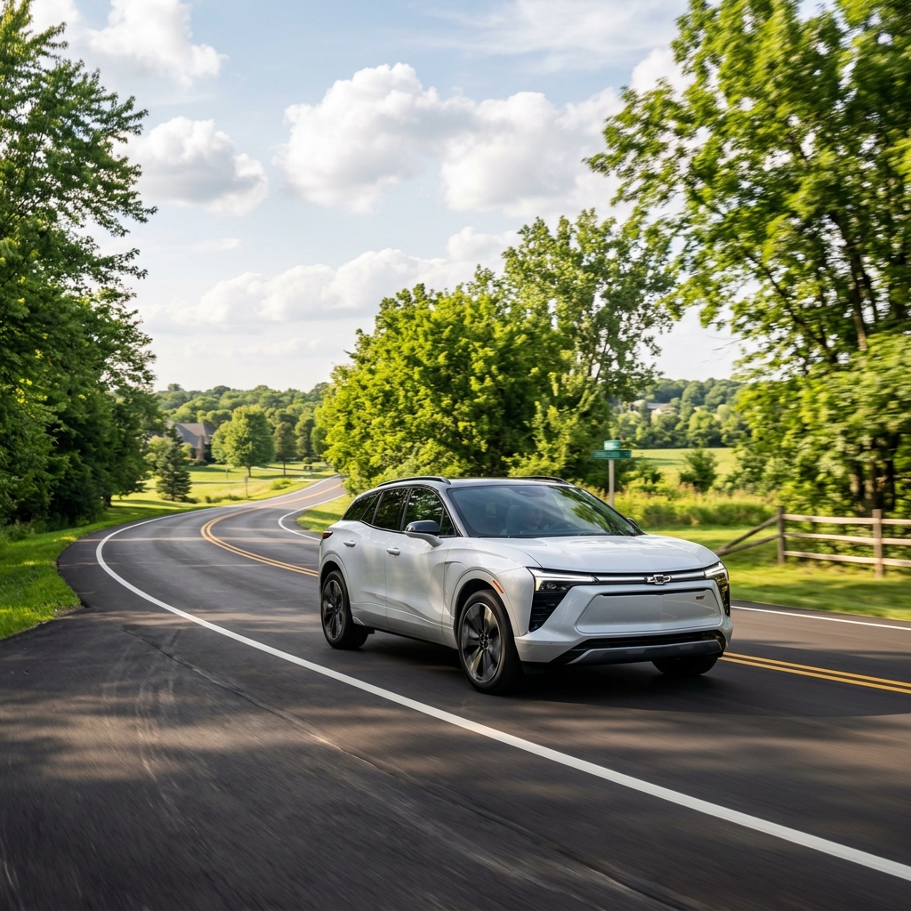 A white Chevrolet Blazer EV driving along a winding asphalt road surrounded by green trees. (Representative image for illustration purposes only. Actual vehicle may vary based on trim and configuration.)