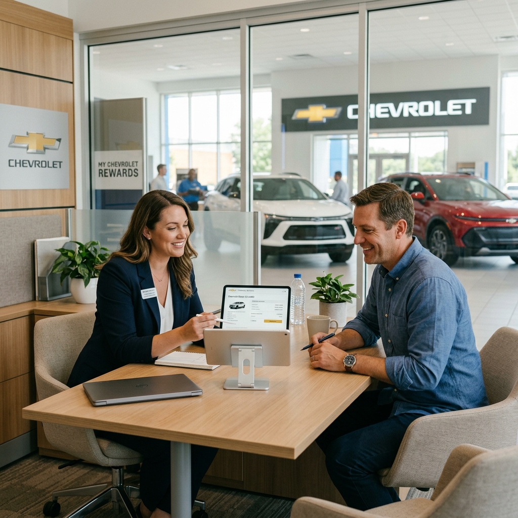 A Chevrolet sales representative reviewing vehicle options on a tablet with a male customer at a dealership desk. (Representative image for illustration purposes only. Actual vehicle may vary based on trim and configuration.)