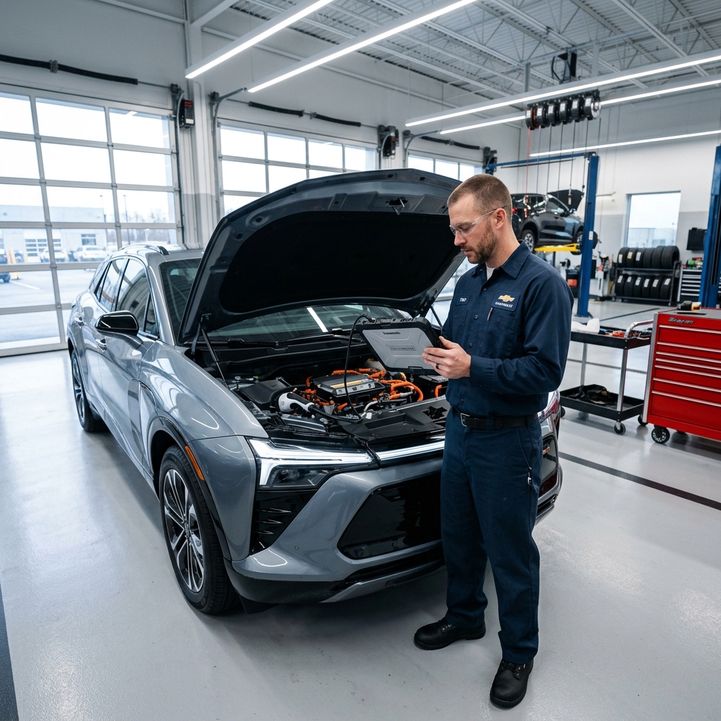Technician holding a diagnostic tablet while inspecting a silver electric SUV with its hood open in a modern garage. (Representative image for illustration purposes only. Actual vehicle may vary based on trim and configuration.)
