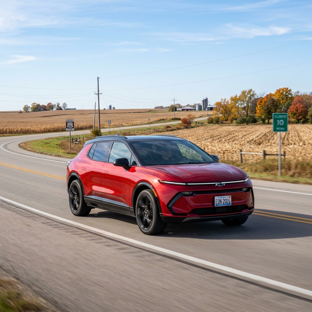 Red Chevrolet Equinox EV driving on a scenic two-lane country road past autumn fields under a blue sky. (Representative image for illustration purposes only. Actual vehicle may vary based on trim and configuration.)