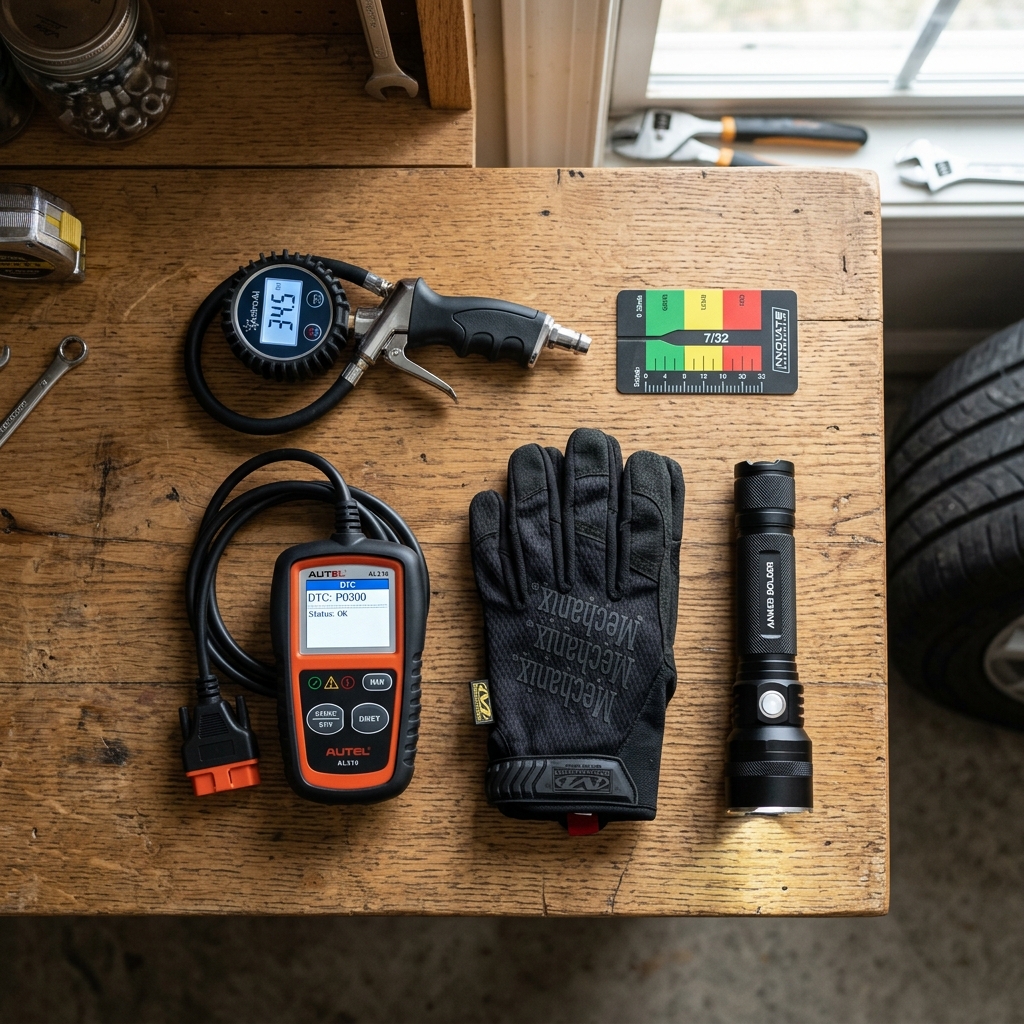 An OBD2 code reader, digital tire pressure gauge, work glove, tire tread card, and flashlight arranged on a wooden workbench. (Representative image for illustration purposes only. Actual vehicle may vary based on trim and configuration.)