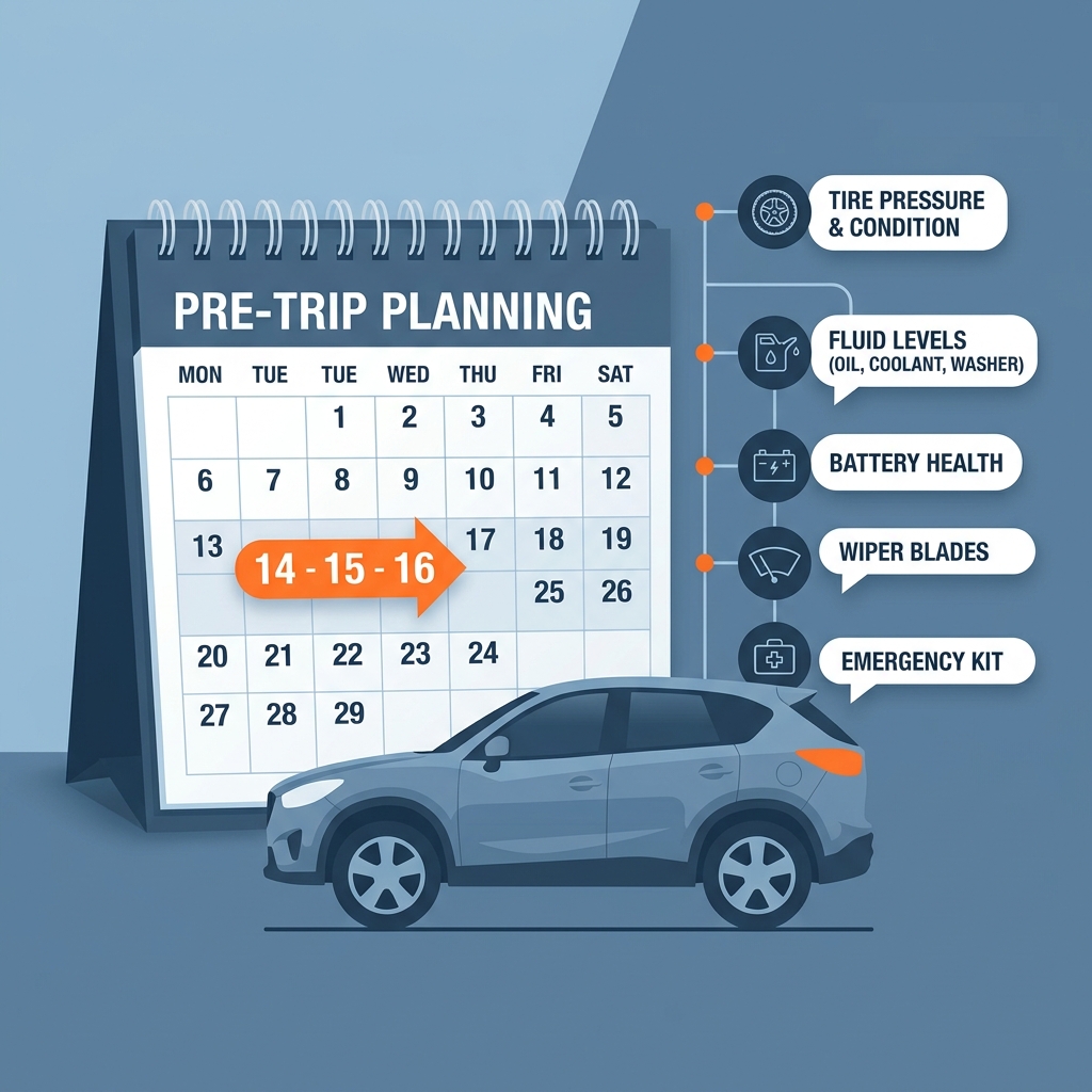 Illustration of a calendar highlighting pre-trip planning dates alongside a car maintenance checklist. (Representative image for illustration purposes only. Actual vehicle may vary based on trim and configuration.)
