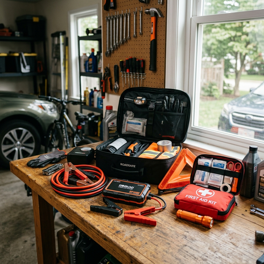 Car emergency safety kit with jumper cables, battery jump starter, first aid kit, and tools on a garage workbench. (Representative image for illustration purposes only. Actual vehicle may vary based on trim and configuration.)