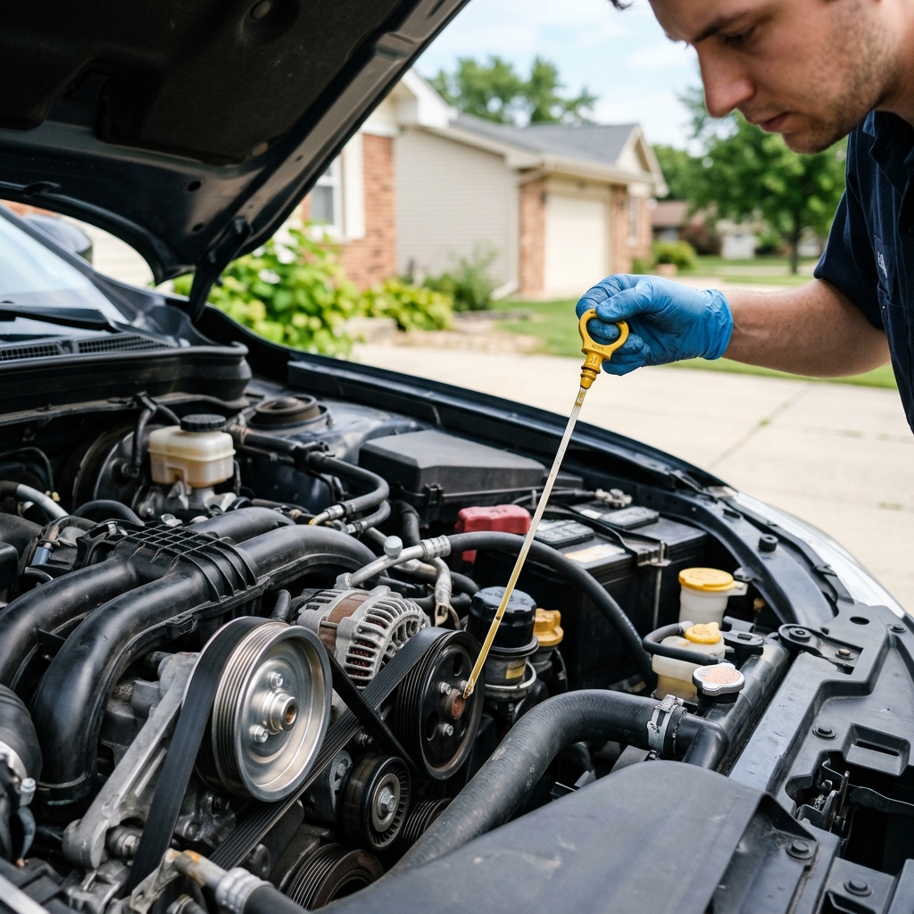 A person wearing blue nitrile gloves pulls a yellow oil dipstick from an open car engine compartment. (Representative image for illustration purposes only. Actual vehicle may vary based on trim and configuration.)