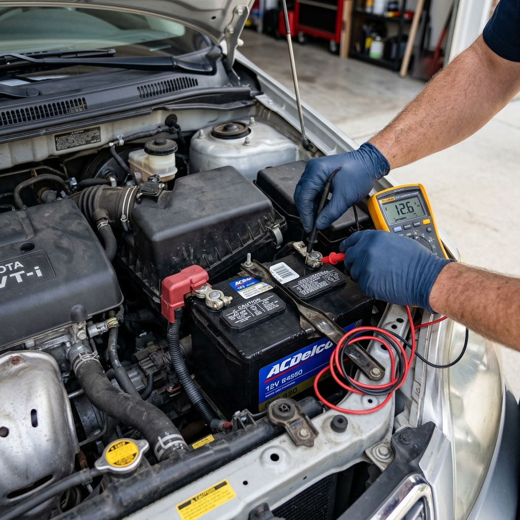 Mechanic in blue gloves using a digital multimeter to test a 12V car battery under the hood of a vehicle. (Representative image for illustration purposes only. Actual vehicle may vary based on trim and configuration.)
