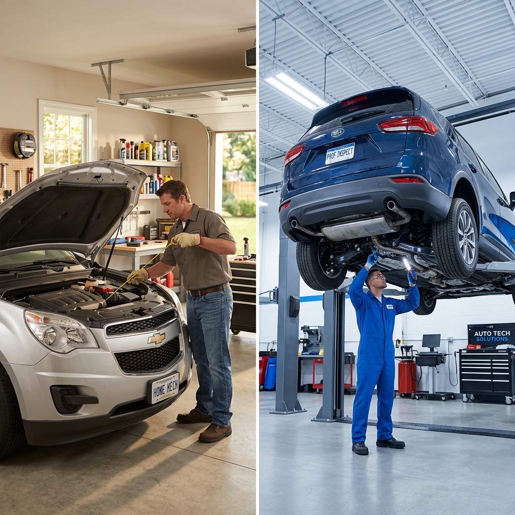 Side-by-side comparison of a man checking oil in a home garage and a mechanic inspecting a car on a hydraulic lift. (Representative image for illustration purposes only. Actual vehicle may vary based on trim and configuration.)
