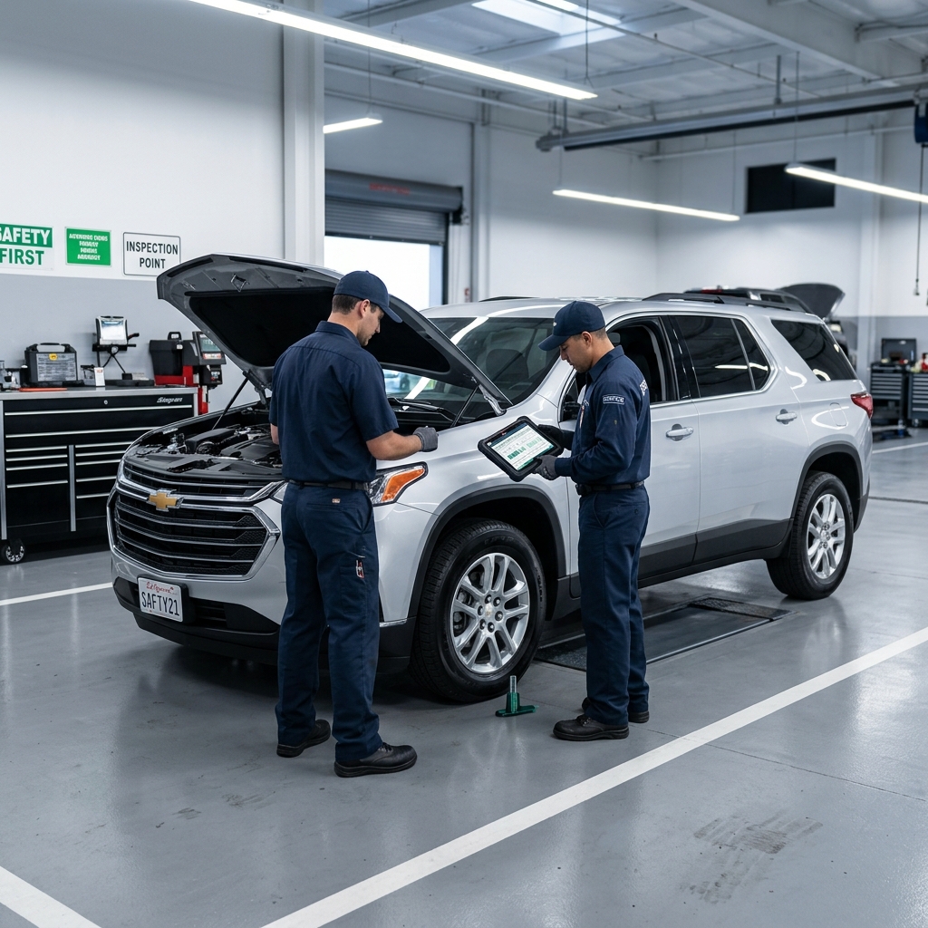 Two mechanics in blue uniforms inspect a silver SUV with an open hood using a diagnostic tablet in a service bay. (Representative image for illustration purposes only. Actual vehicle may vary based on trim and configuration.)