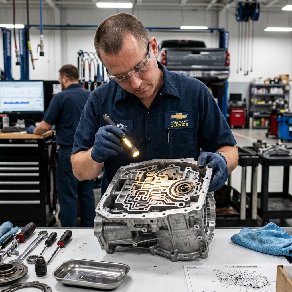 A Chevrolet service technician using a flashlight to inspect a transmission housing component at a workbench. (Representative image for illustration purposes only. Actual vehicle may vary based on trim and configuration.)