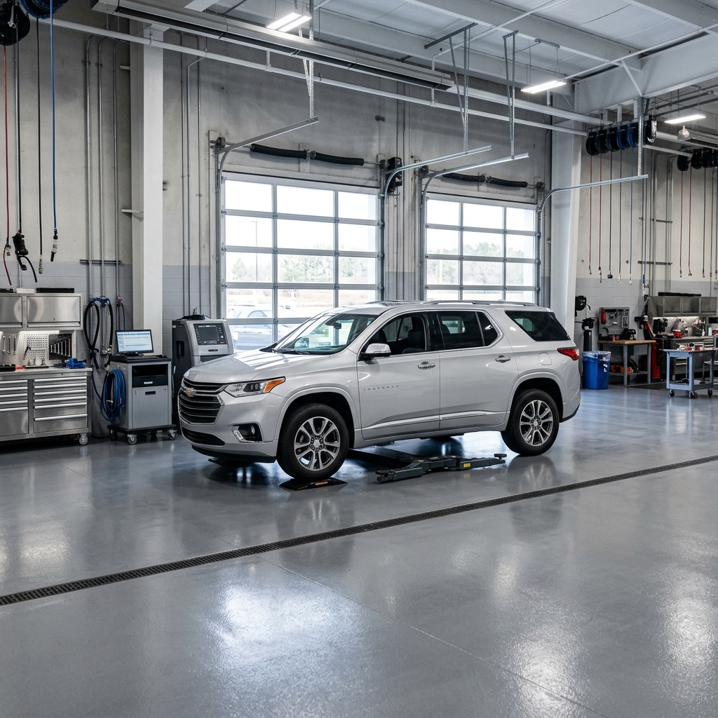 Silver Chevrolet Traverse SUV parked inside a clean, modern dealership service center with polished floors. (Representative image for illustration purposes only. Actual vehicle may vary based on trim and configuration.)