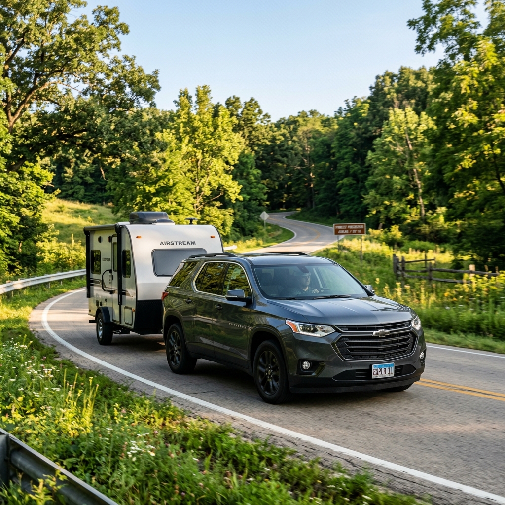 A dark grey SUV towing a white Airstream travel trailer along a winding paved road lined with green trees. (Representative image for illustration purposes only. Actual vehicle may vary based on trim and configuration.)