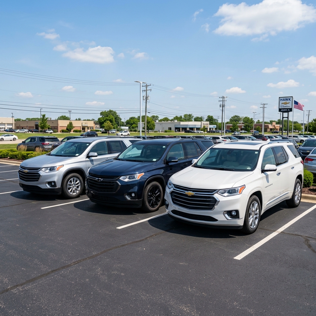 Three Chevrolet Traverse SUVs in silver, dark blue, and white parked in a dealership parking lot on a sunny day. (Representative image for illustration purposes only. Actual vehicle may vary based on trim and configuration.)