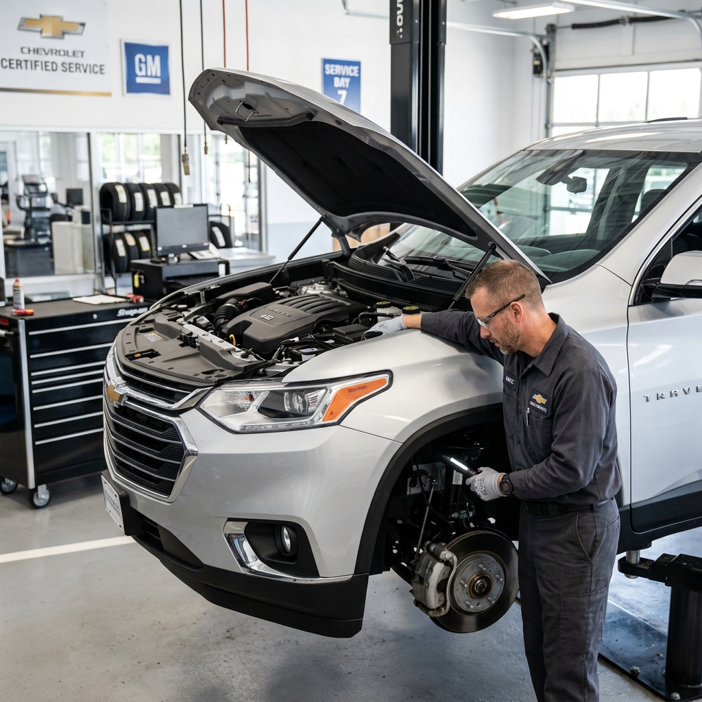 Chevrolet certified service technician inspecting the front brakes and suspension of a silver SUV on a lift. (Representative image for illustration purposes only. Actual vehicle may vary based on trim and configuration.)