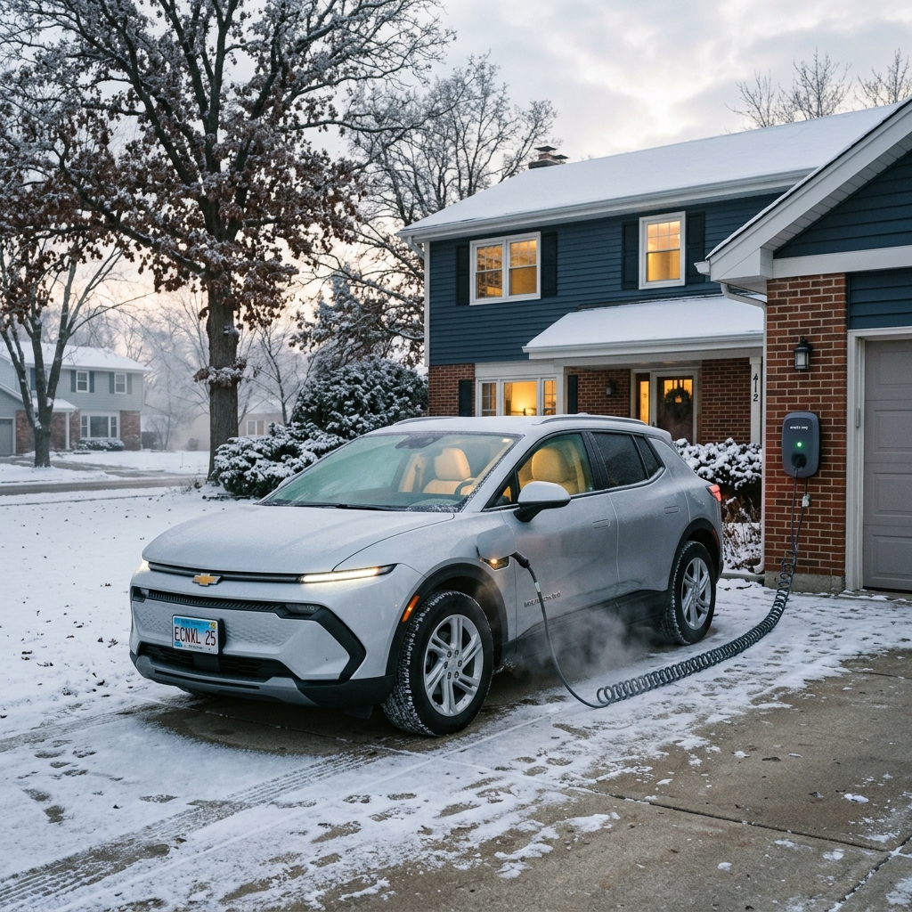 A silver Chevrolet EV SUV plugged into a home wall charger in a snowy driveway outside a two-story house. (Representative image for illustration purposes only. Actual vehicle may vary based on trim and configuration.)