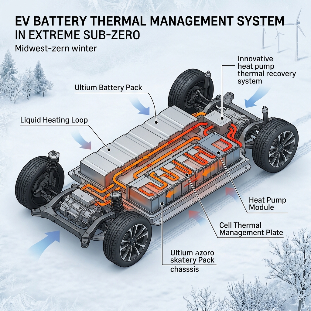 Diagram of an EV chassis and battery thermal management system operating in cold sub-zero weather. (Representative image for illustration purposes only. Actual vehicle may vary based on trim and configuration.)
