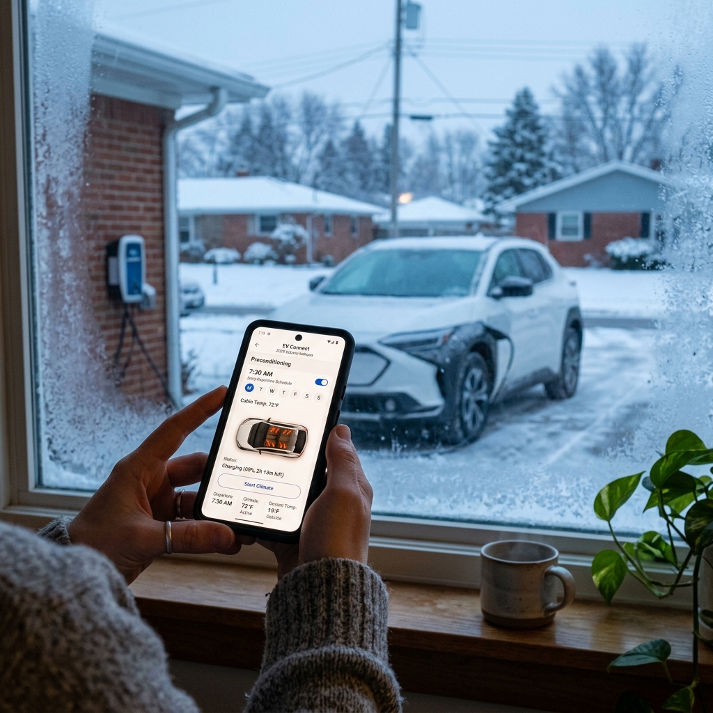 Person using a smartphone app to warm up a white electric vehicle parked outside in the snow. (Representative image for illustration purposes only. Actual vehicle may vary based on trim and configuration.)