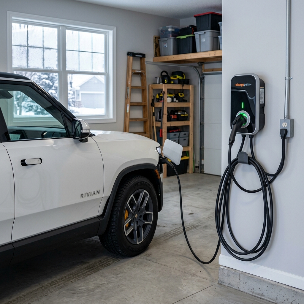 A white Rivian electric vehicle charging with a wall-mounted ChargePoint charger inside a home garage. (Representative image for illustration purposes only. Actual vehicle may vary based on trim and configuration.)