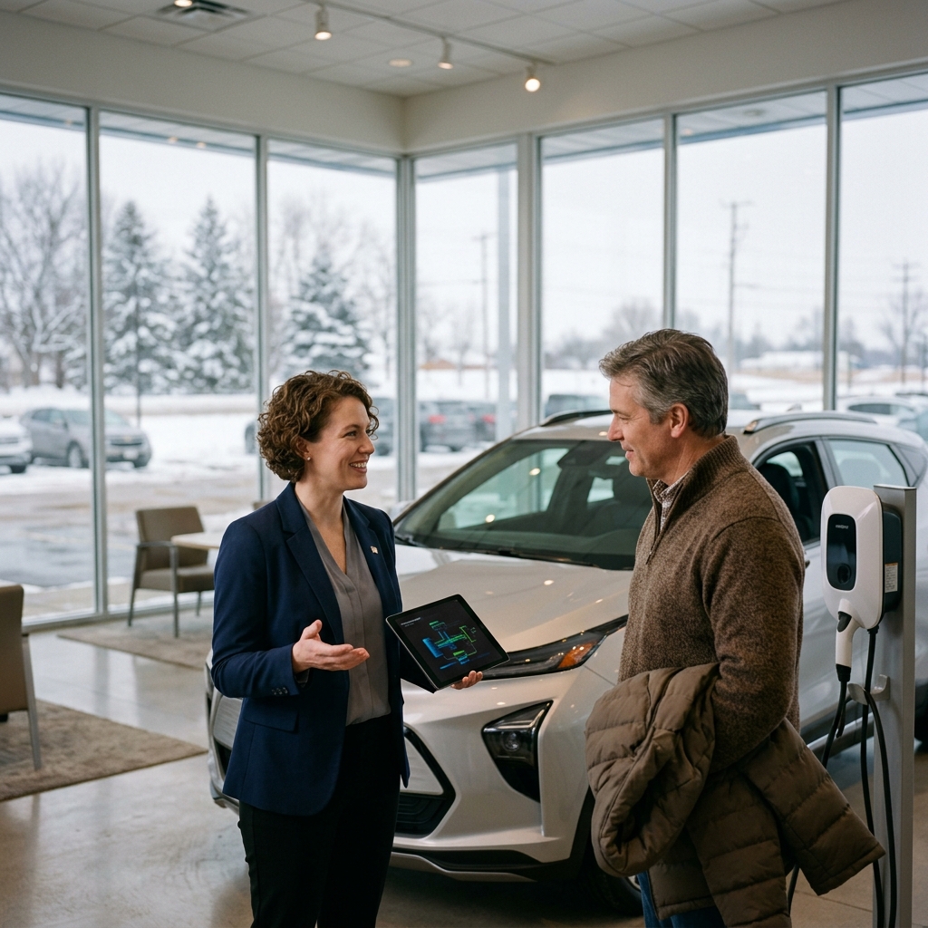 A female car salesperson showing a tablet diagram to a customer next to a silver electric car in a dealership. (Representative image for illustration purposes only. Actual vehicle may vary based on trim and configuration.)