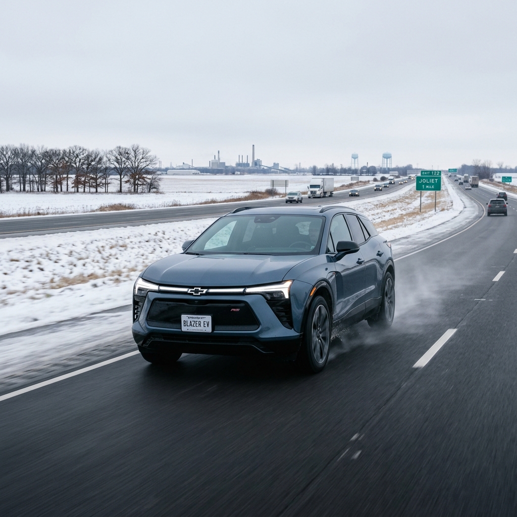 A blue Chevrolet Blazer EV drives along a wet highway in a winter landscape with snow-covered fields. (Representative image for illustration purposes only. Actual vehicle may vary based on trim and configuration.)