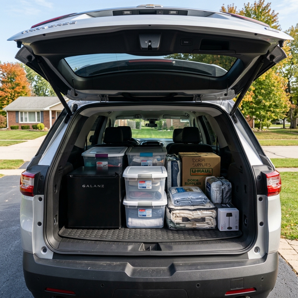 Open trunk of a silver SUV filled with a mini fridge, clear storage totes, bedding, and a dorm supplies box. (Representative image for illustration purposes only. Actual vehicle may vary based on trim and configuration.)