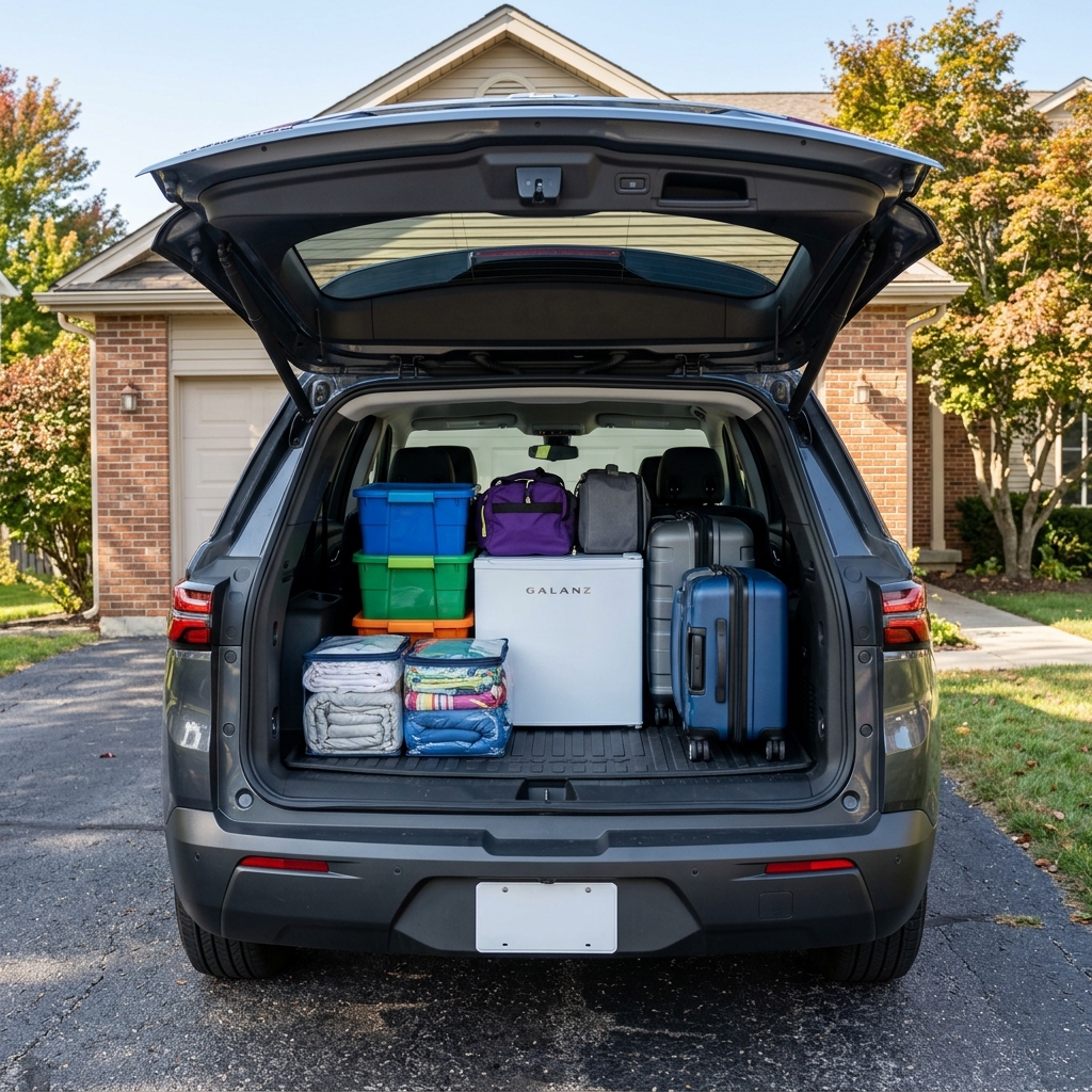 Open trunk of a gray SUV packed tightly with colorful plastic totes, bedding, suitcases, and a white mini fridge. (Representative image for illustration purposes only. Actual vehicle may vary based on trim and configuration.)