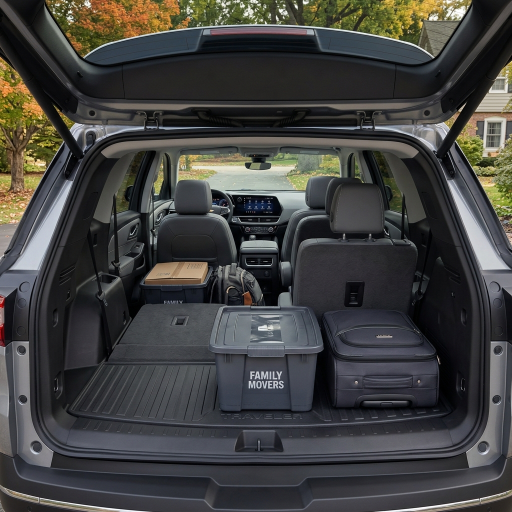 Open trunk of a silver SUV filled with a plastic storage bin, luggage, and folded rear seats showing cargo space. (Representative image for illustration purposes only. Actual vehicle may vary based on trim and configuration.)