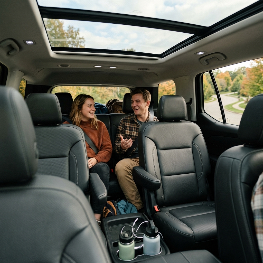 A man and woman smiling and talking while seated in the back row of a large SUV with a panoramic sunroof. (Representative image for illustration purposes only. Actual vehicle may vary based on trim and configuration.)