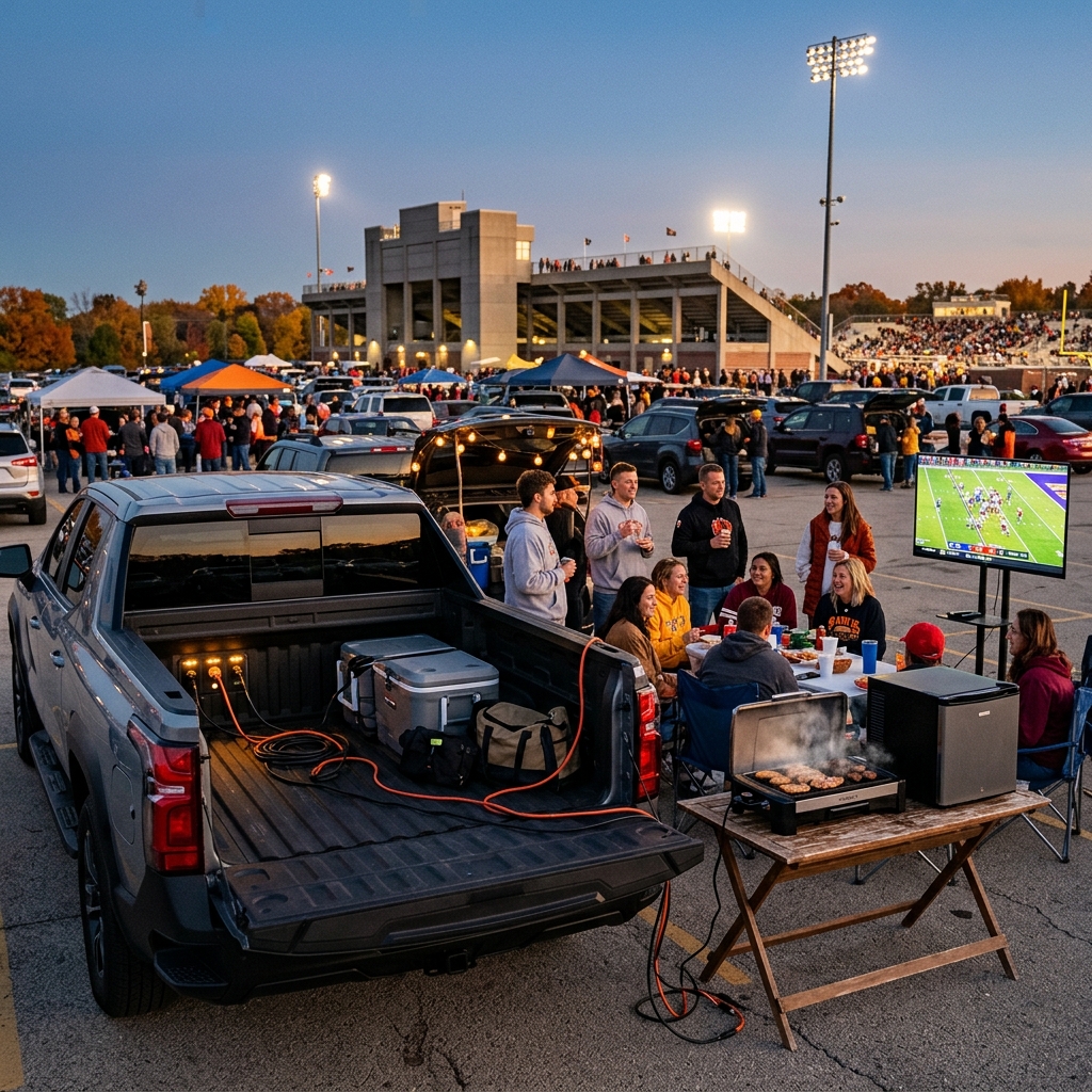 People tailgating outside a football stadium with a TV, grill, and appliances powered by a pickup truck's bed outlets. (Representative image for illustration purposes only. Actual vehicle may vary based on trim and configuration.)