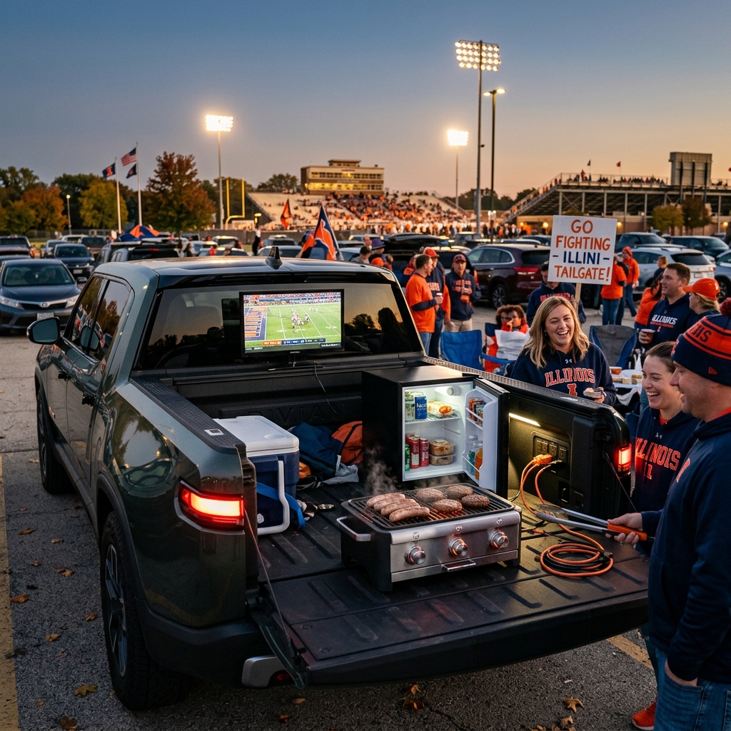 Fans tailgate with an electric pickup truck featuring a mini fridge, electric grill, and TV in the truck bed. (Representative image for illustration purposes only. Actual vehicle may vary based on trim and configuration.)