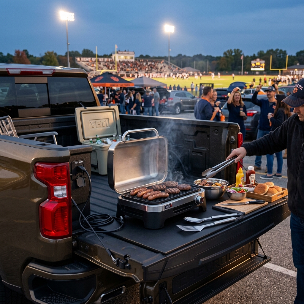 Man grilling burgers and sausages on a portable electric grill on a pickup truck tailgate at a football tailgate party. (Representative image for illustration purposes only. Actual vehicle may vary based on trim and configuration.)