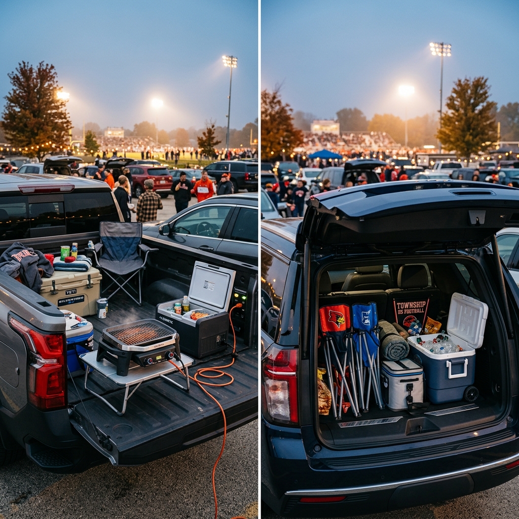 Two tailgating setups in vehicle trunks with coolers, chairs, and a grill in a parking lot at dusk. (Representative image for illustration purposes only. Actual vehicle may vary based on trim and configuration.)