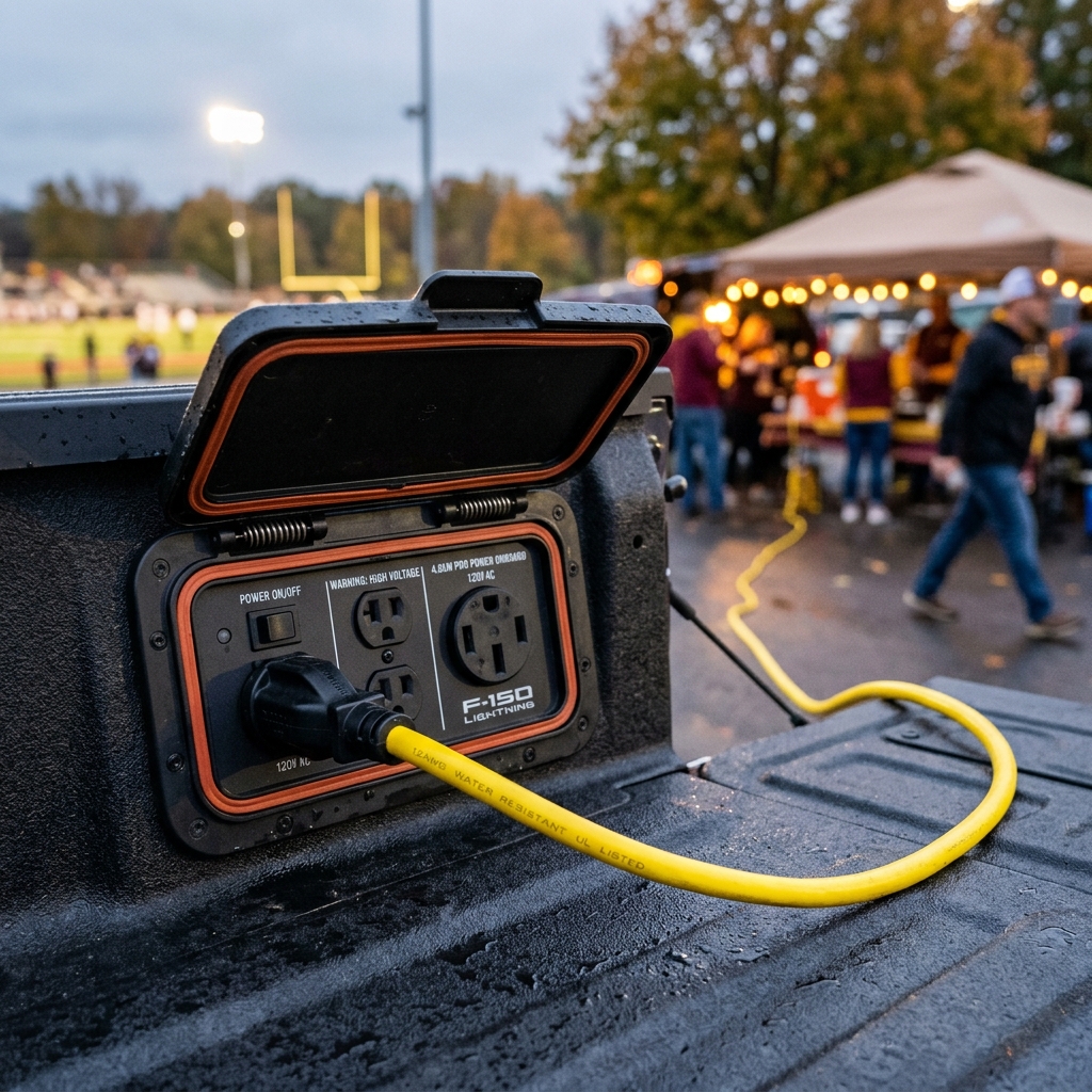 Yellow extension cord plugged into the Pro Power Onboard outlets inside the bed of a Ford F-150 Lightning truck. (Representative image for illustration purposes only. Actual vehicle may vary based on trim and configuration.)