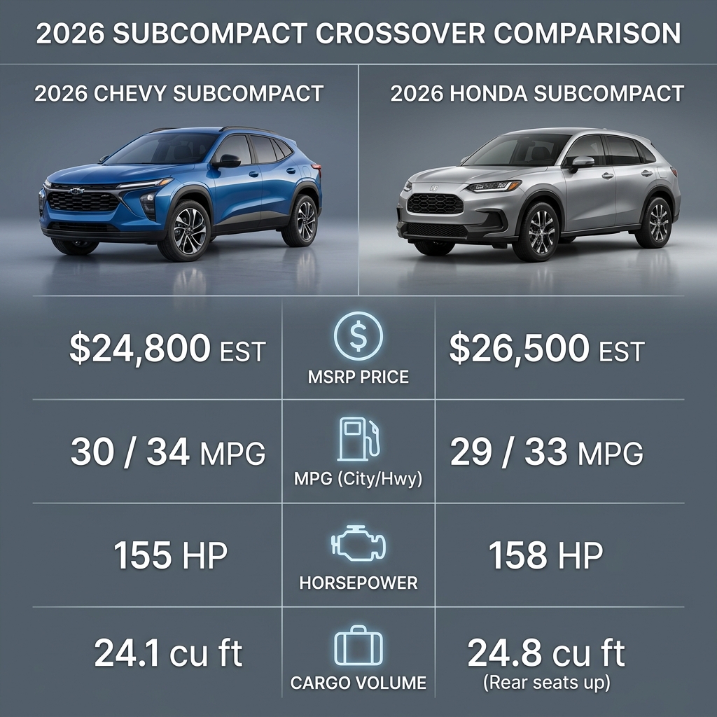 Side-by-side spec comparison graphic between a 2026 Chevy subcompact and a 2026 Honda subcompact crossover. (Representative image for illustration purposes only. Actual vehicle may vary based on trim and configuration.)