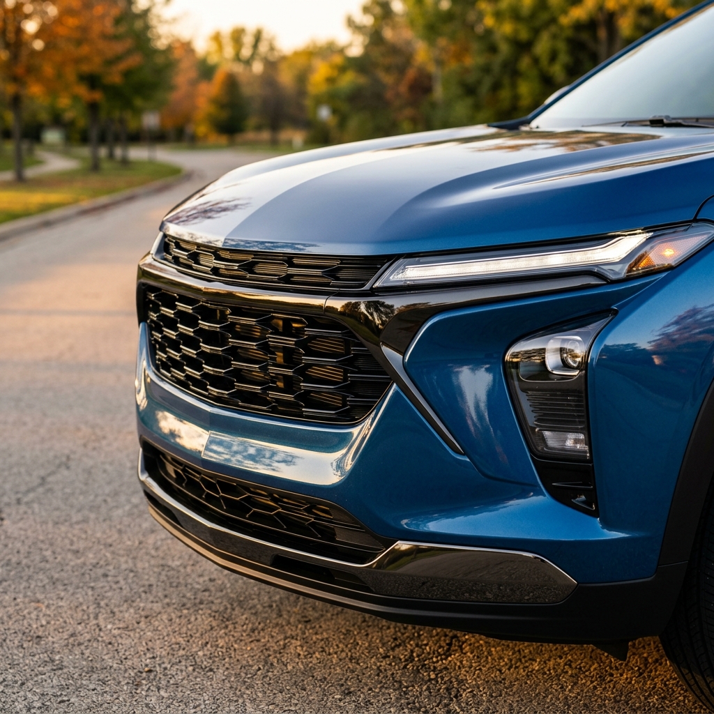 Close-up front view of a metallic blue vehicle featuring a black honeycomb grille and sleek LED headlights at sunset. (Representative image for illustration purposes only. Actual vehicle may vary based on trim and configuration.)