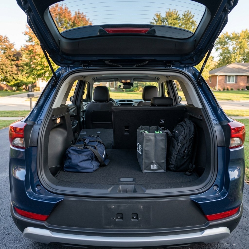 Open trunk of a blue SUV loaded with a navy duffel bag, grey reusable shopping bag, and black backpack. (Representative image for illustration purposes only. Actual vehicle may vary based on trim and configuration.)