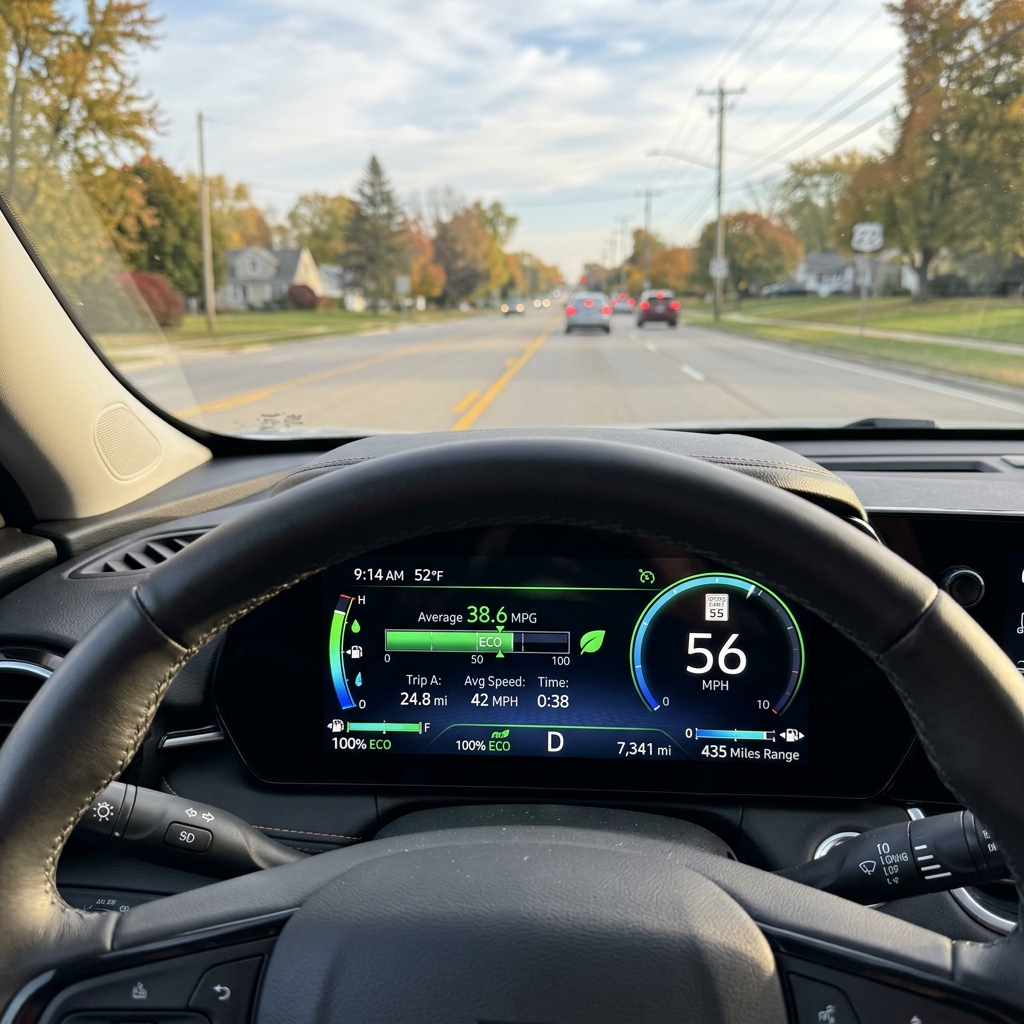 View from behind the steering wheel showing a digital dashboard displaying 56 MPH on a suburban road. (Representative image for illustration purposes only. Actual vehicle may vary based on trim and configuration.)