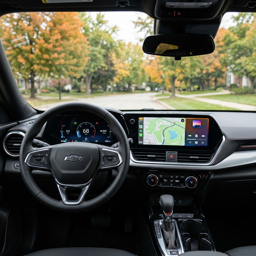 Interior view of a Chevrolet dashboard showing digital displays while driving through an autumn neighborhood. (Representative image for illustration purposes only. Actual vehicle may vary based on trim and configuration.)