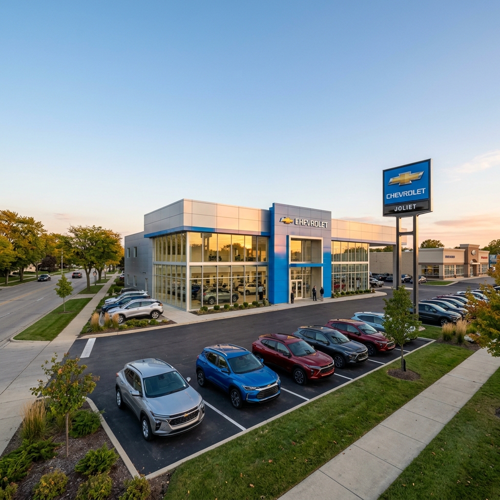 Exterior view of the Chevrolet dealership in Joliet with parked SUVs in front under a clear sky at sunset. (Representative image for illustration purposes only. Actual vehicle may vary based on trim and configuration.)