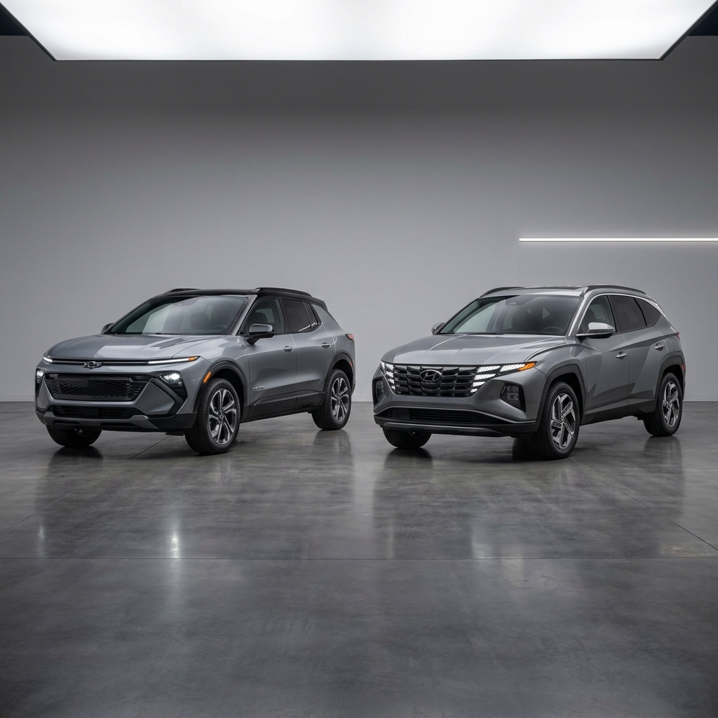 Two silver compact SUVs, a Chevrolet and a Hyundai, parked side by side on a polished studio floor. (Representative image for illustration purposes only. Actual vehicle may vary based on trim and configuration.)