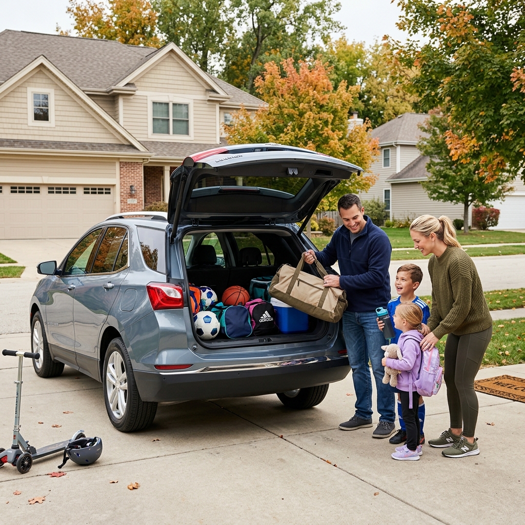 Family packing sports equipment and duffel bags into the open trunk of a gray SUV parked in a driveway. (Representative image for illustration purposes only. Actual vehicle may vary based on trim and configuration.)