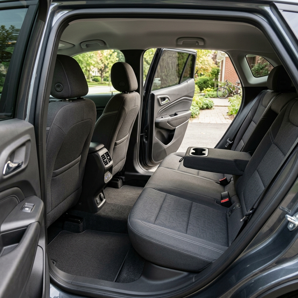 SUV back seat interior with dark grey cloth upholstery, a fold-down armrest with cupholders, and rear air vents. (Representative image for illustration purposes only. Actual vehicle may vary based on trim and configuration.)
